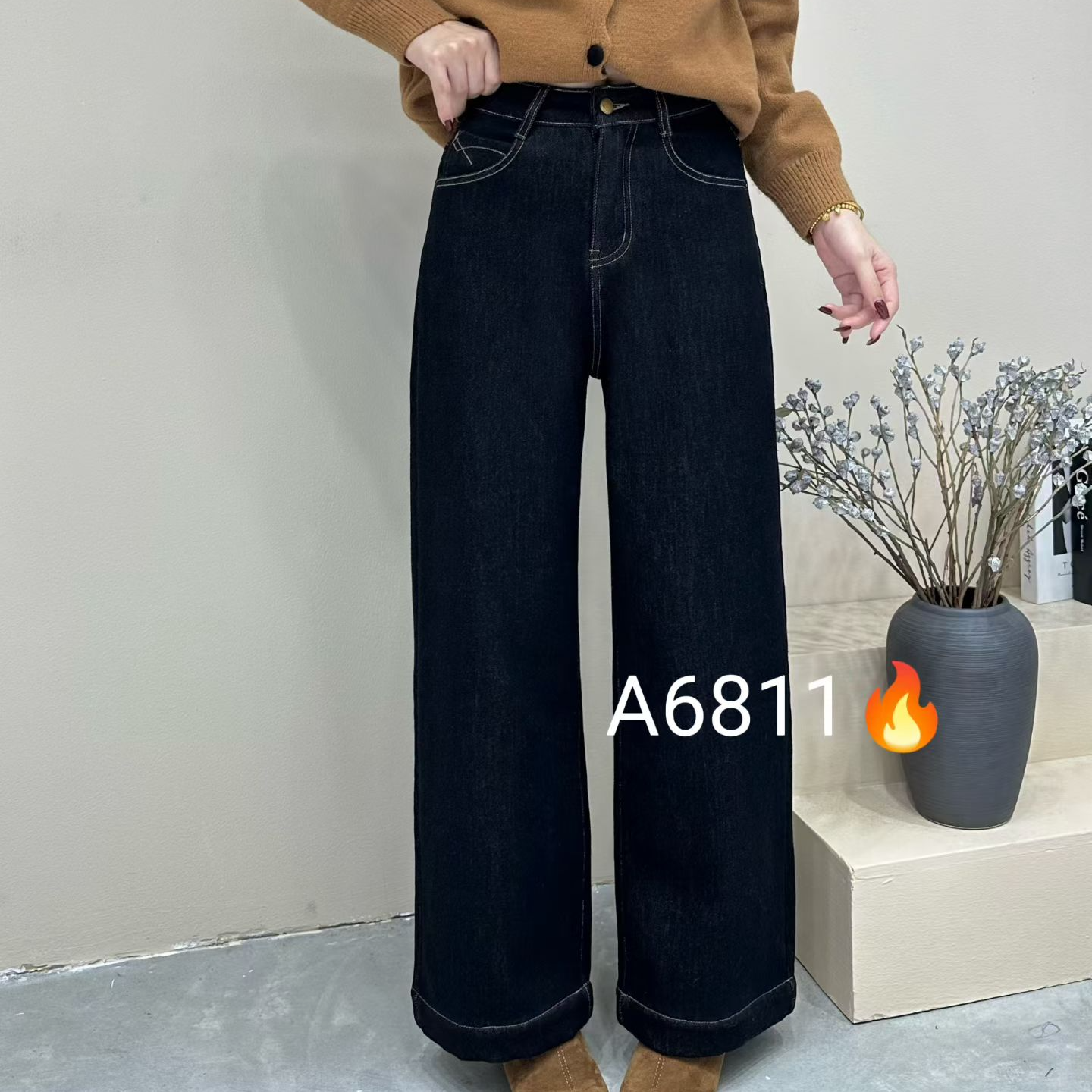 6811#厚绒秋冬显瘦直筒裤四季高腰水洗宽加绒松阔腿裤