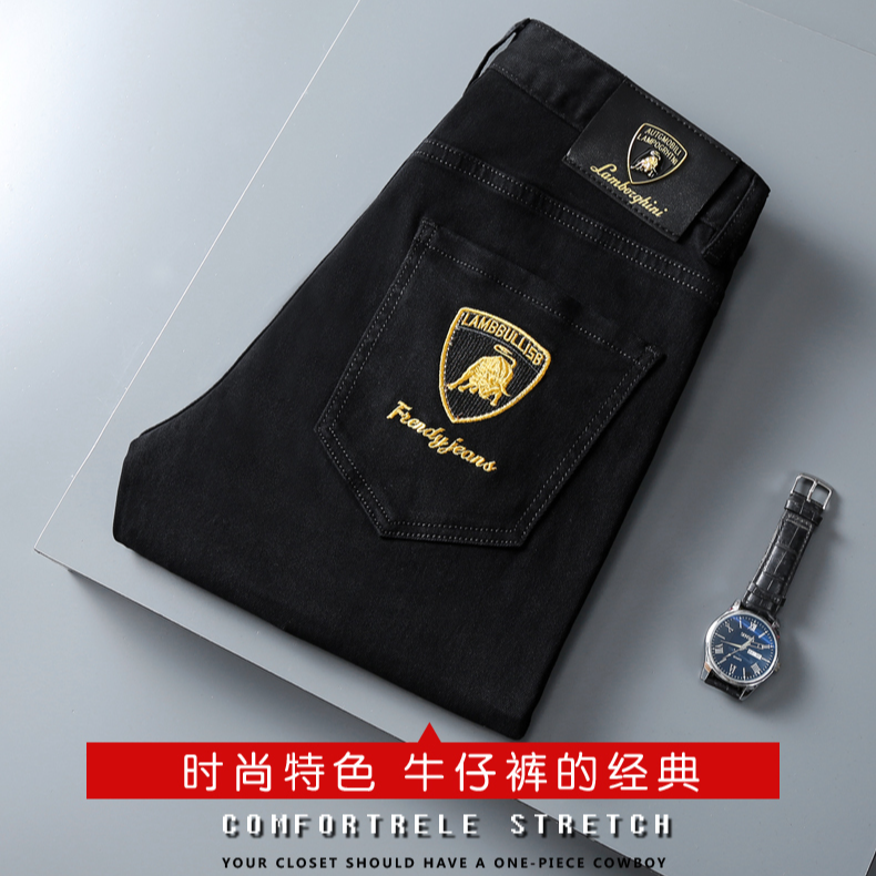 欧洲站香港商务高端潮牌牛仔裤男弹力修身小直筒黑色刺绣牛仔长裤