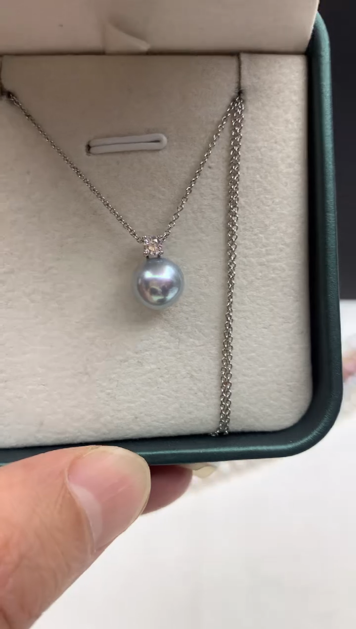 银S925镶嵌ff海水珍珠akoya灰珠吊坠（赠链）8~9mm