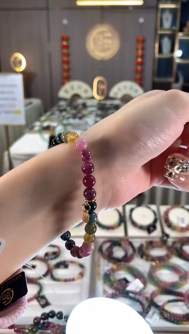 未镶嵌老矿碧玺色标彩虹单圈手串6mm+碧玺dan多样性发货一条