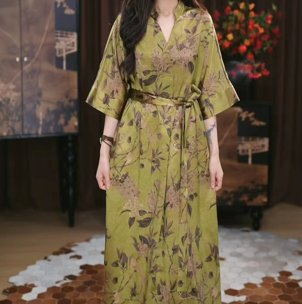 B【歆晚】香云纱长款重磅时尚春夏提花遮肉印花复古长裙连衣裙