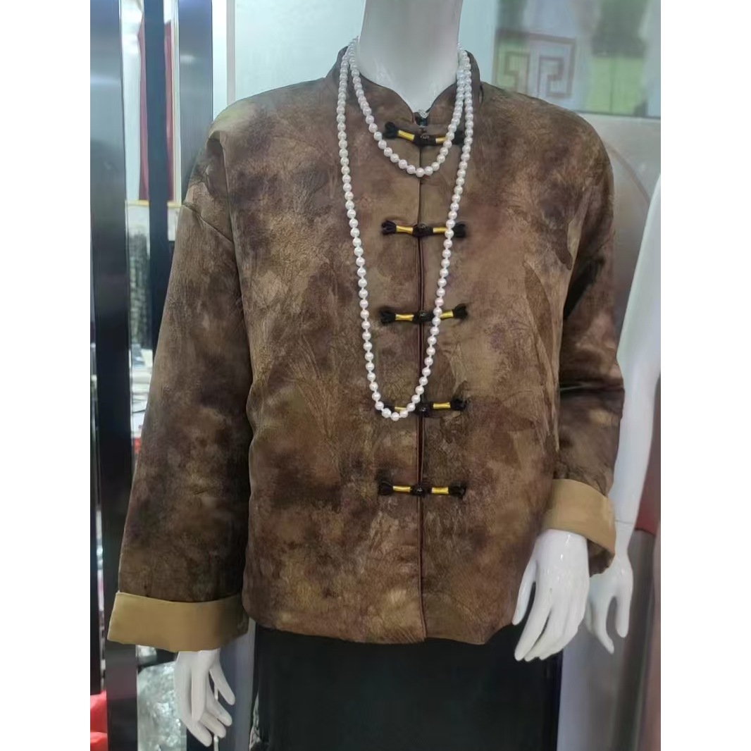 春秋盘扣中式国风长袖高级感咖色提花外套女民族风外穿