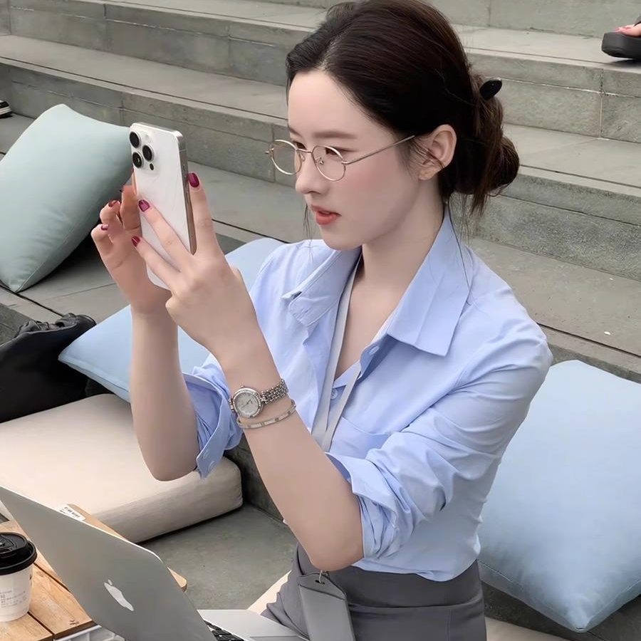 刘亦菲同款职业装韩国chic简约纯色基础款修身短款衬衫女翻领衬衣