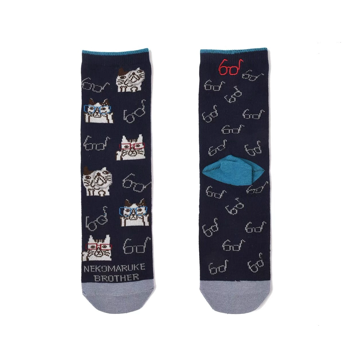 8219猫咪提花中筒袜舒眼镜猫蓝