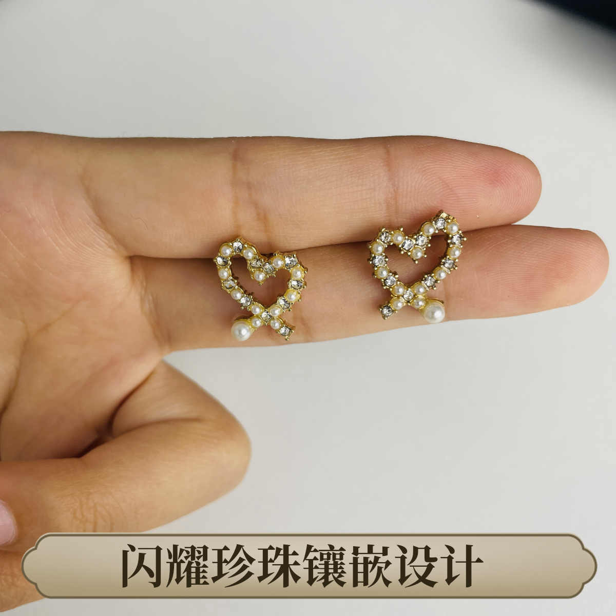 合金琉璃耳饰 时尚爱心甜美百搭镶嵌素款金色精致拼色