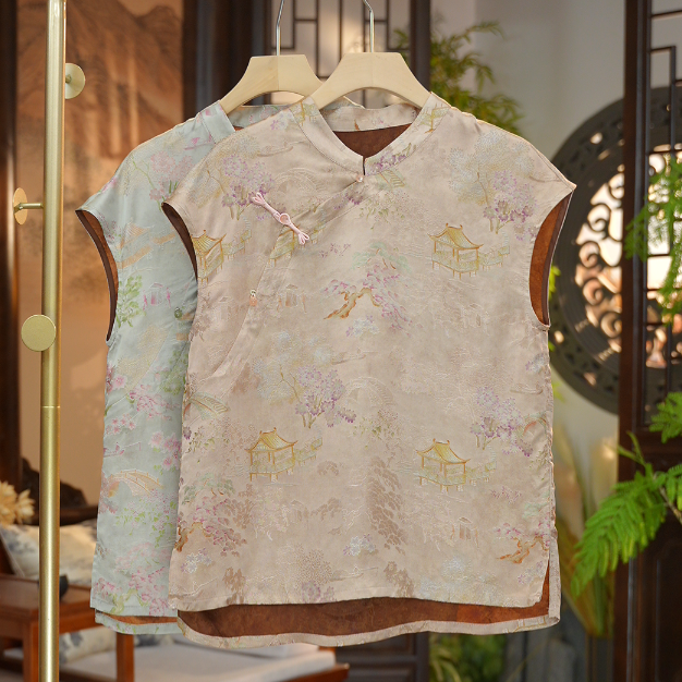 晚回舟 新款缎面舒适新中式短袖7941