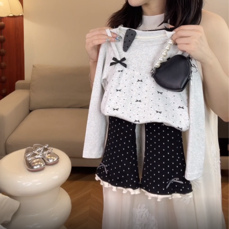 女童T恤2025春季中小童宝宝蝴蝶结假两件长袖上衣洋气喇叭裤套装