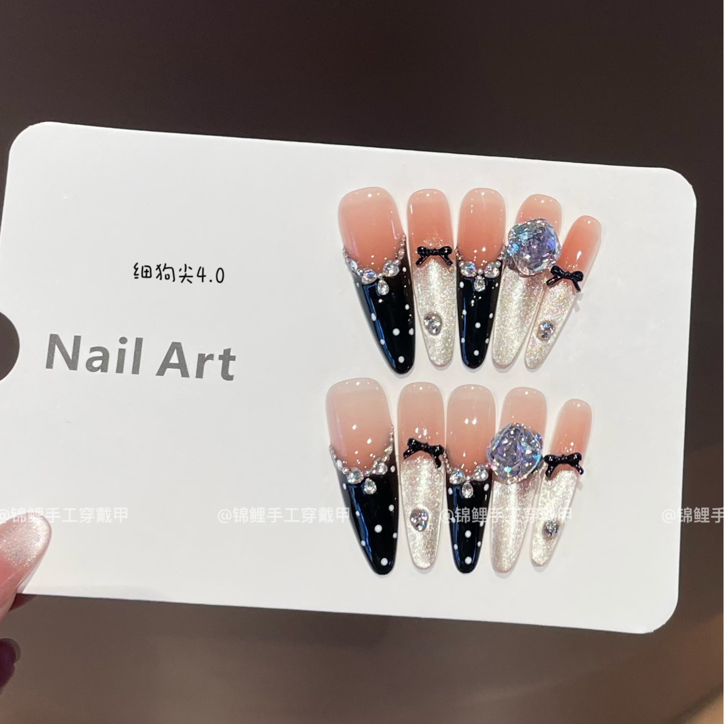 【晚宴】miu系千金法式波点爆闪粉金猫眼碎钻蝴蝶结 锦鲤穿戴甲