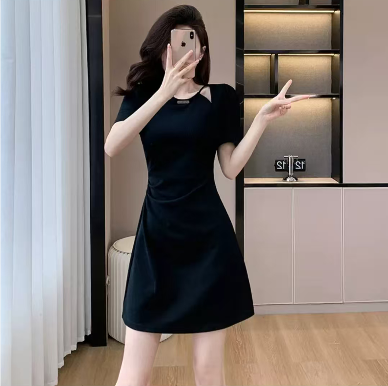 【裙长94】夏季时尚收腰显瘦气质赫本风褶皱弹力连衣裙2431【9】