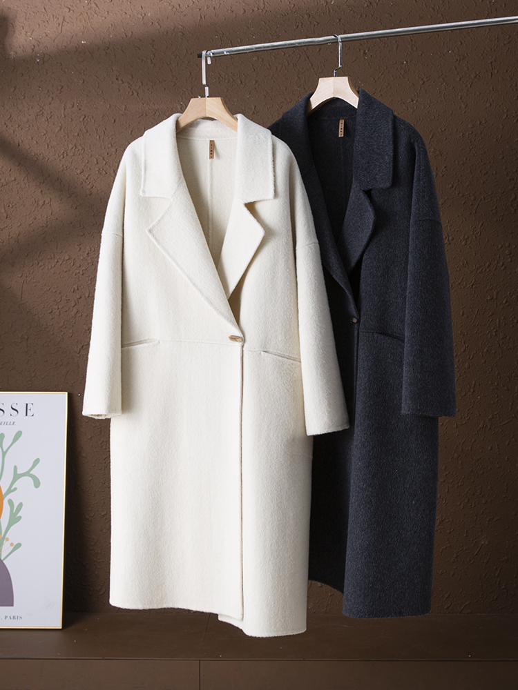 冬季新款简约法式！宽松茧型羊毛双面手工西装领牛角扣大衣女气质