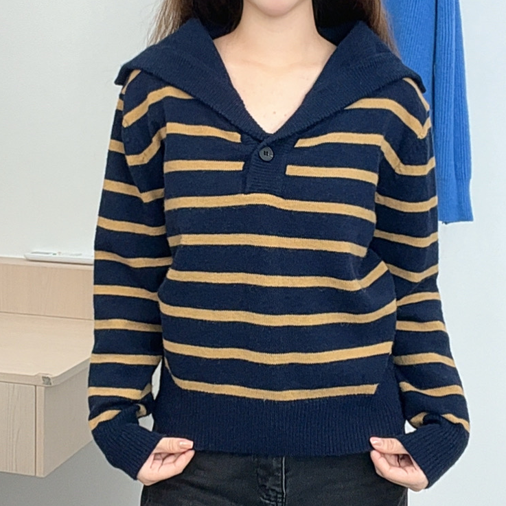 翻领韩系女秋季针织套装撞色毛衫打底宽松毛针织衫