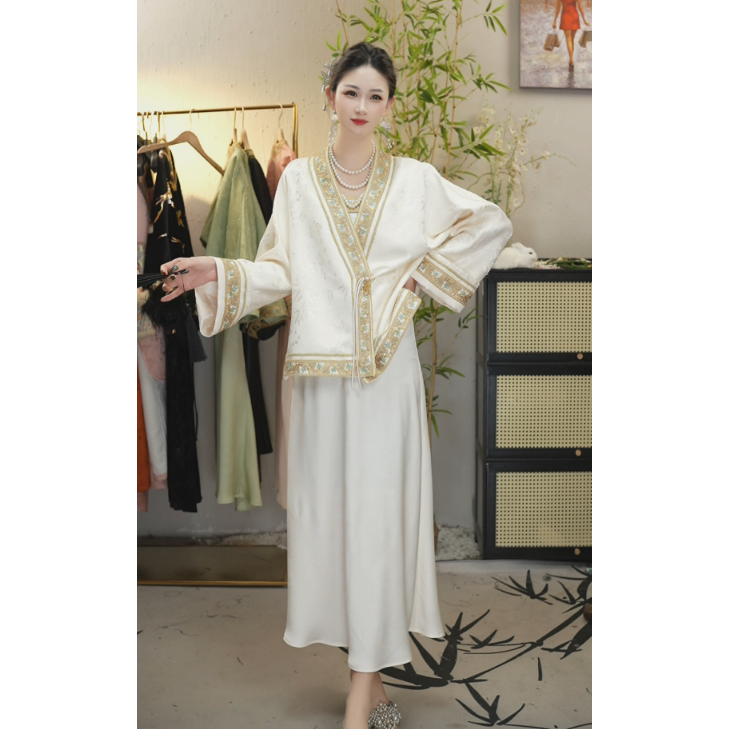 倾夕春夏套装2025春季新款优雅休闲米白上衣和吊带裙（2506+2544）