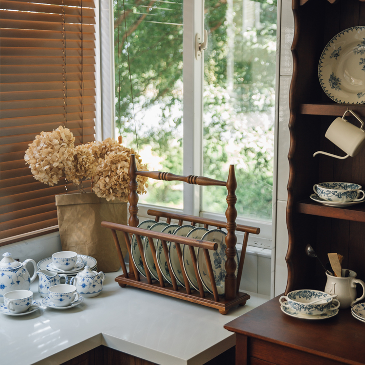法式复古沥水篮餐厅家用中古餐盘架实木榆木创意简约新中式