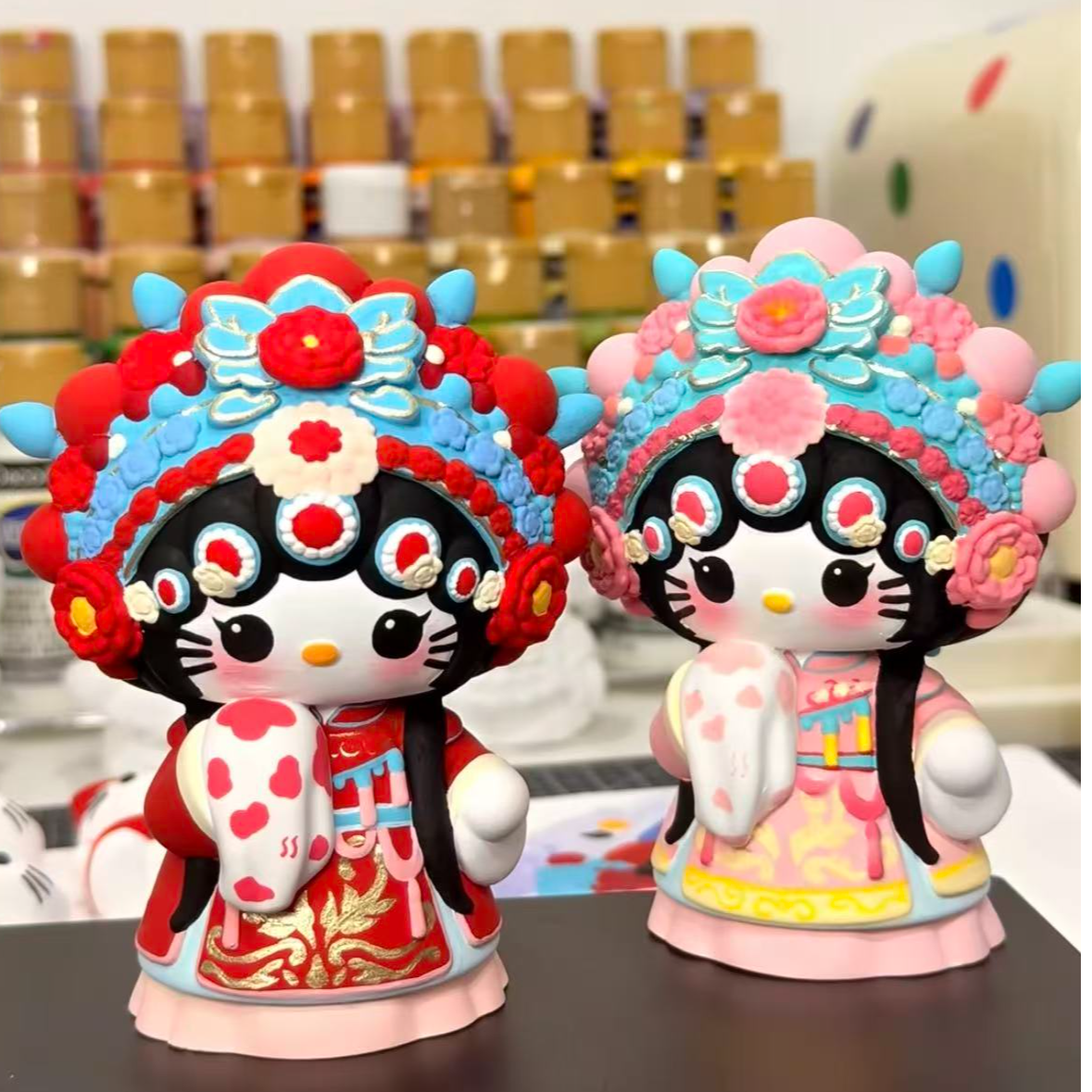 爆款国潮戏曲风格Kitty猫娃娃涂色香薰石膏娃娃手工涂色创意礼物