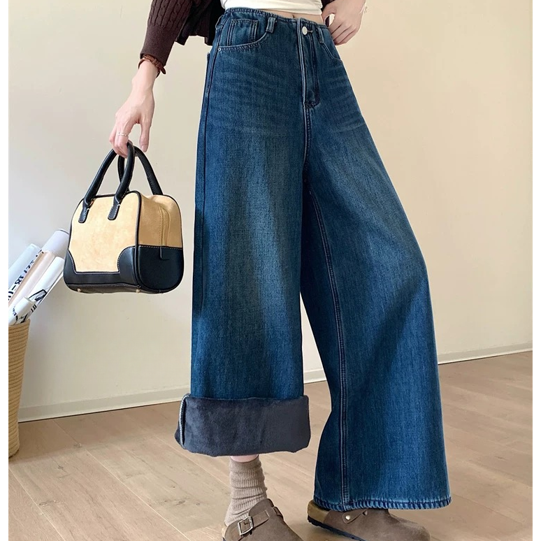 秋冬加绒加厚高腰复古港风阔腿裤女牛仔裤长裤复古百搭直筒裤