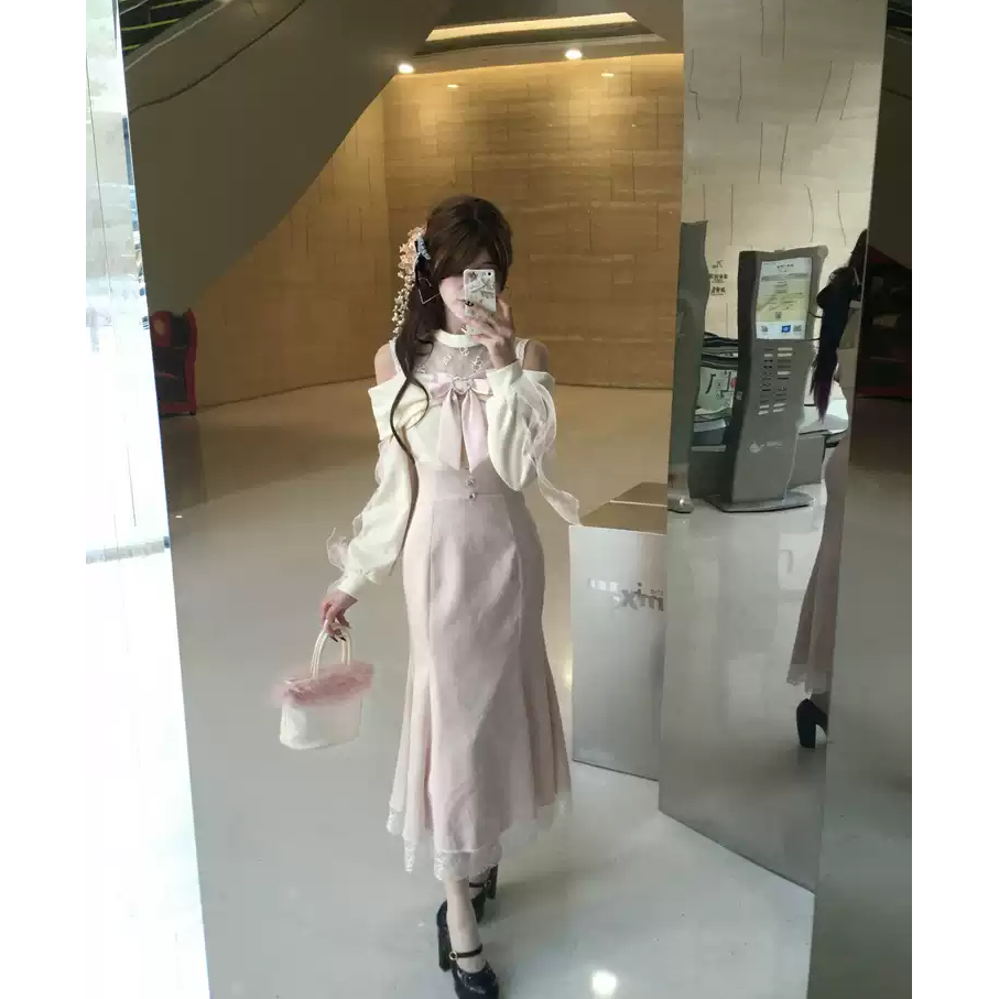 【小美】大码女装露肩连衣裙秋季设计感千金收腰显瘦腰短裙子13025