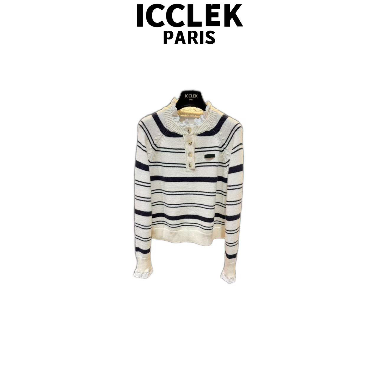 ICCLEK 时尚轻奢白色条纹荷叶领长袖针织名媛秋冬百搭上衣 - 9237