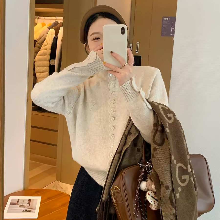 韩式简约半高领多扣木耳边袖口针织开衫女秋冬季新款百搭休闲毛衣