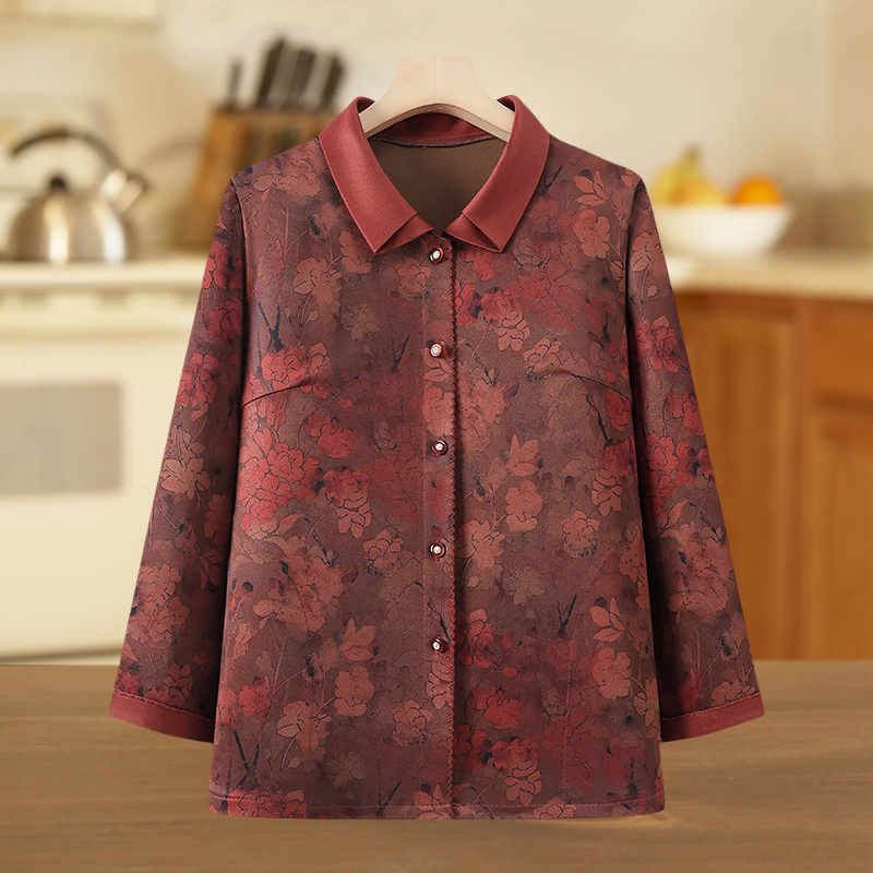 中老年人女装秋季长袖衬衫时尚衣服奶奶装翻领衬衣妈妈衣服秋装