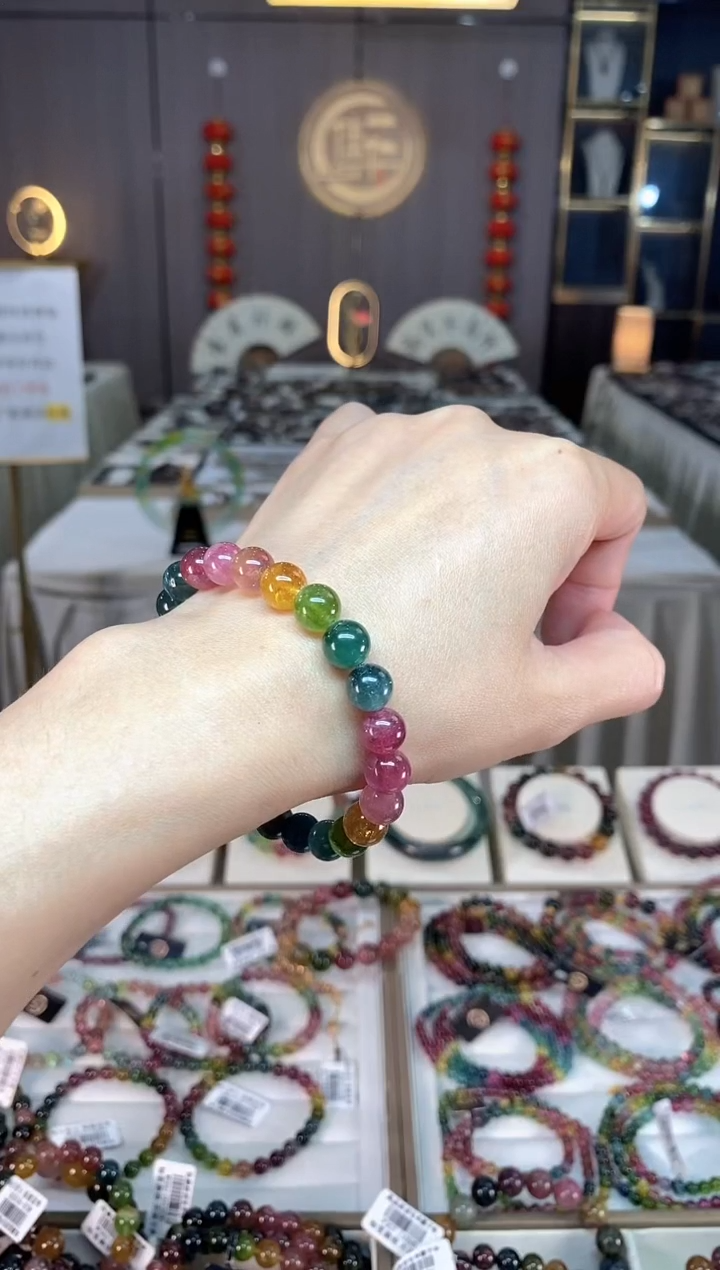 未镶嵌冰透体老矿碧玺色标彩虹单圈手串8mm+碧玺hon多样性发一条
