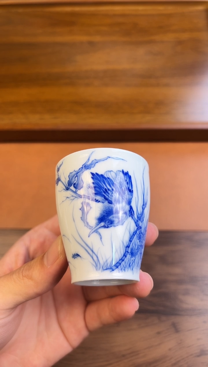问青坊纯手工手绘青花单翠柴窑闻香杯