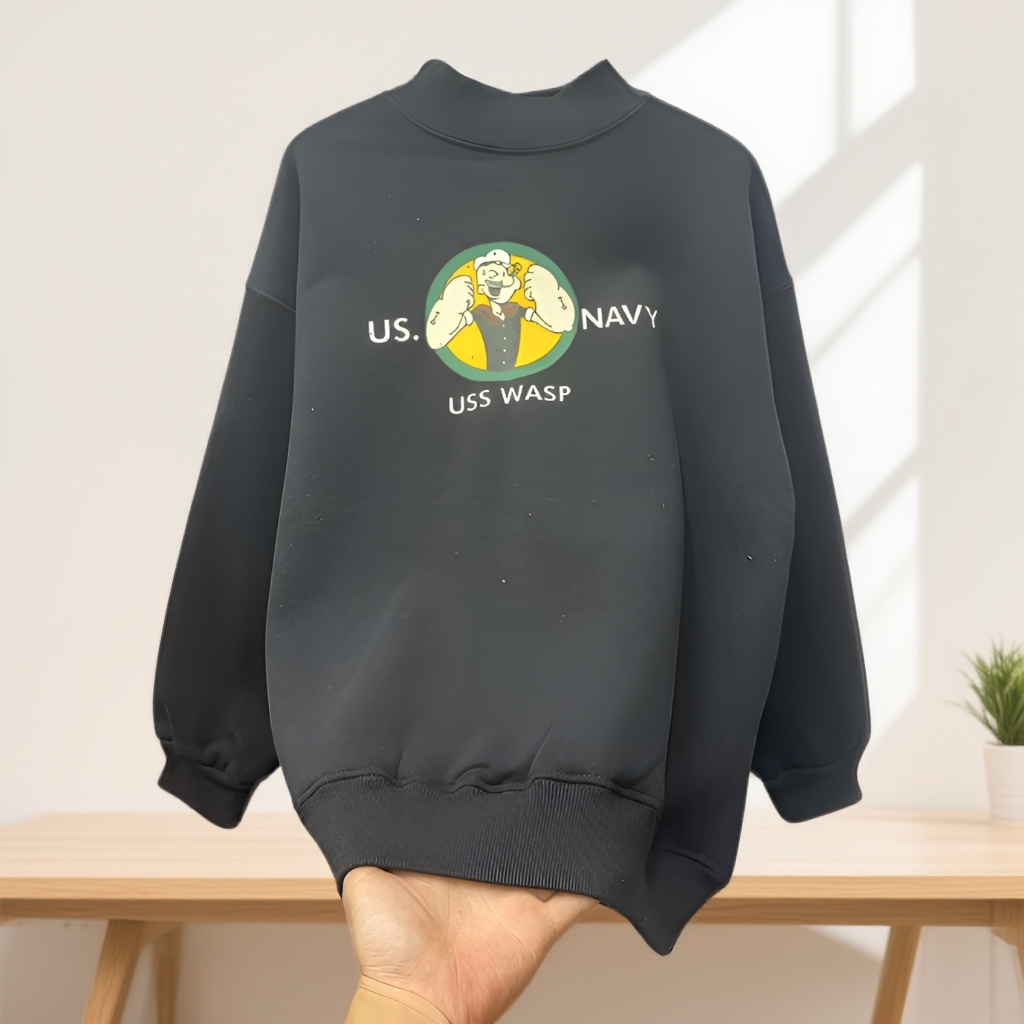 8583#【衣长65左右】秋冬款圆领卡通水手印花加绒宽松休闲卫衣