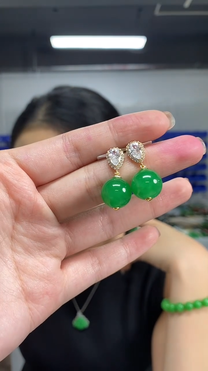 银S925镶嵌翡翠耳饰多样性发其一颜色微差