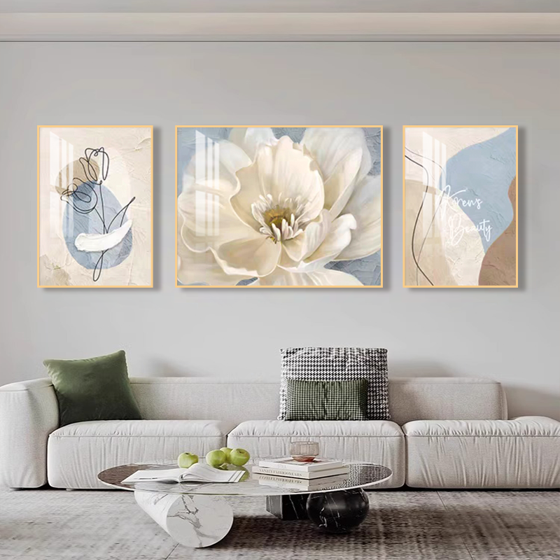 现代简约奶油风清新花卉客厅装饰画手工晶瓷画沙发背景墙三联挂画