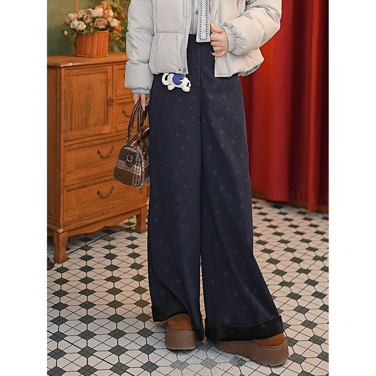 张嘉圆【宛蓝】高腰阔腿裤子冬季百搭宽松显瘦卷边休闲裤#S14779