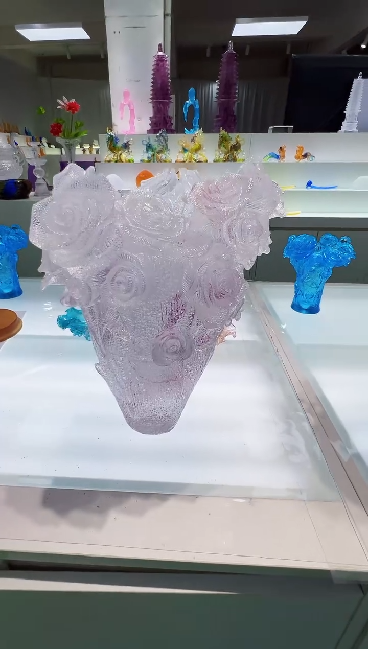 手工艺品琉璃广**姐古法琉璃36cm玫瑰花瓶摆件