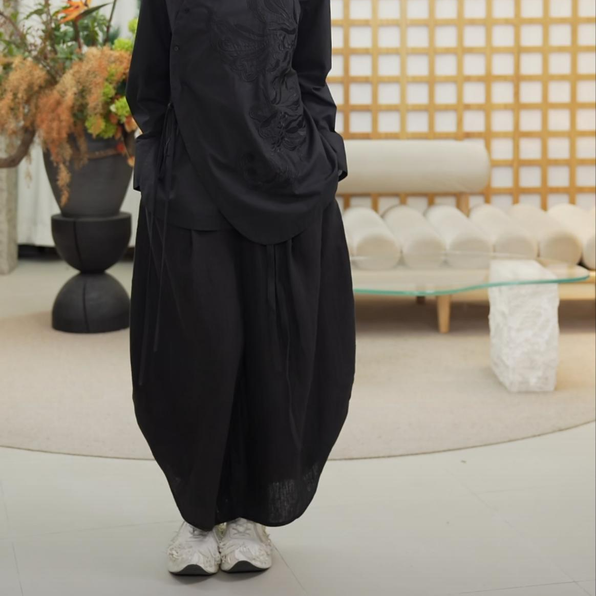 ZHUCHONGYUN夏季黑色休闲宽松裤子C1EG25265