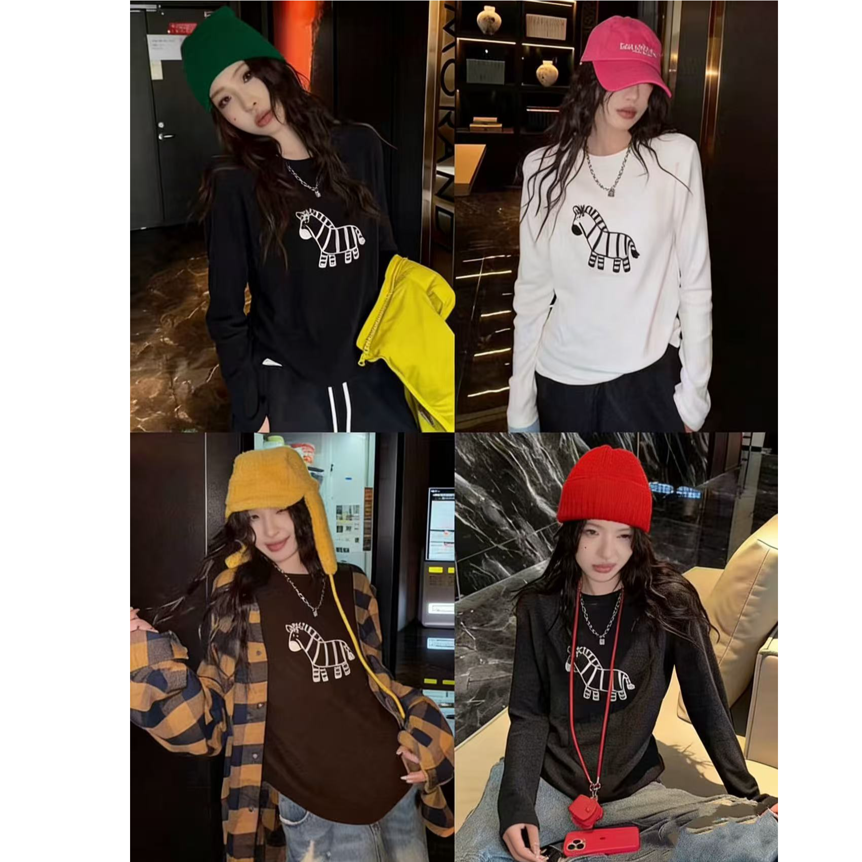 精致撞色刺绣小马紧身高弹双面磨毛显瘦圆领长袖百搭打底t恤