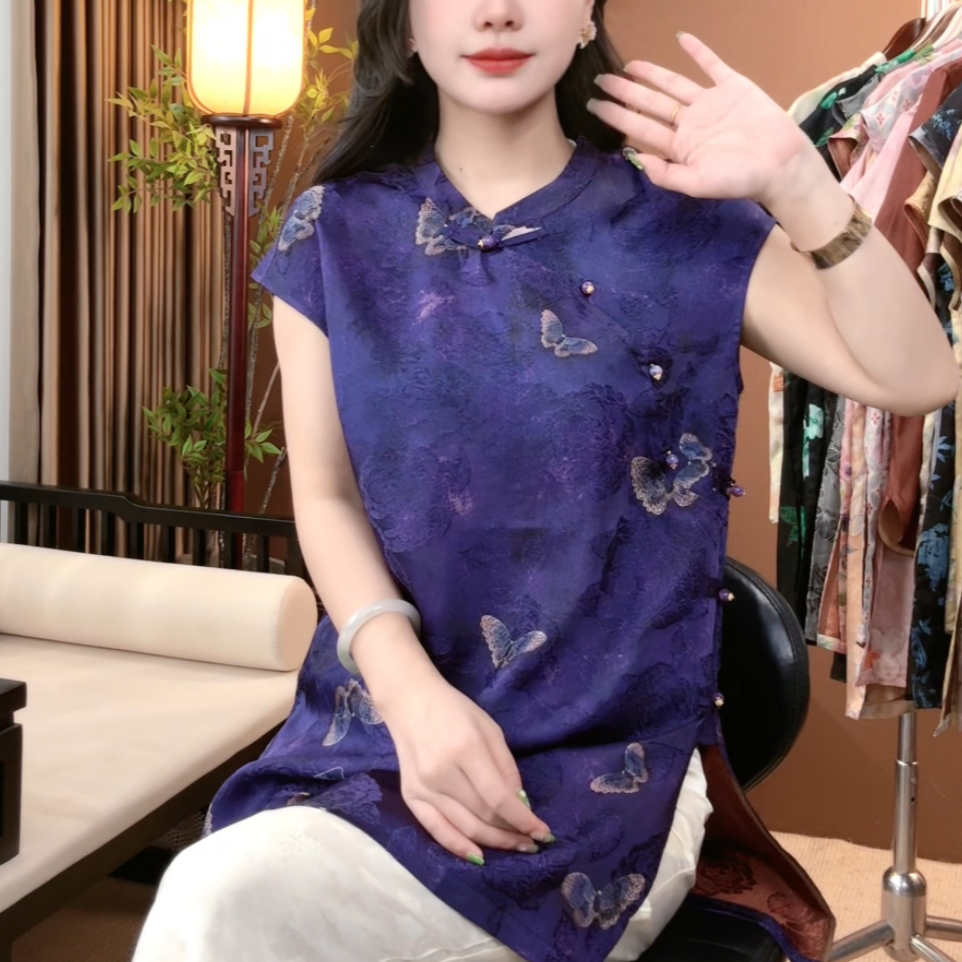 夏季新中式桑蚕丝盘扣短袖时尚提花中国风百搭上衣女S330
