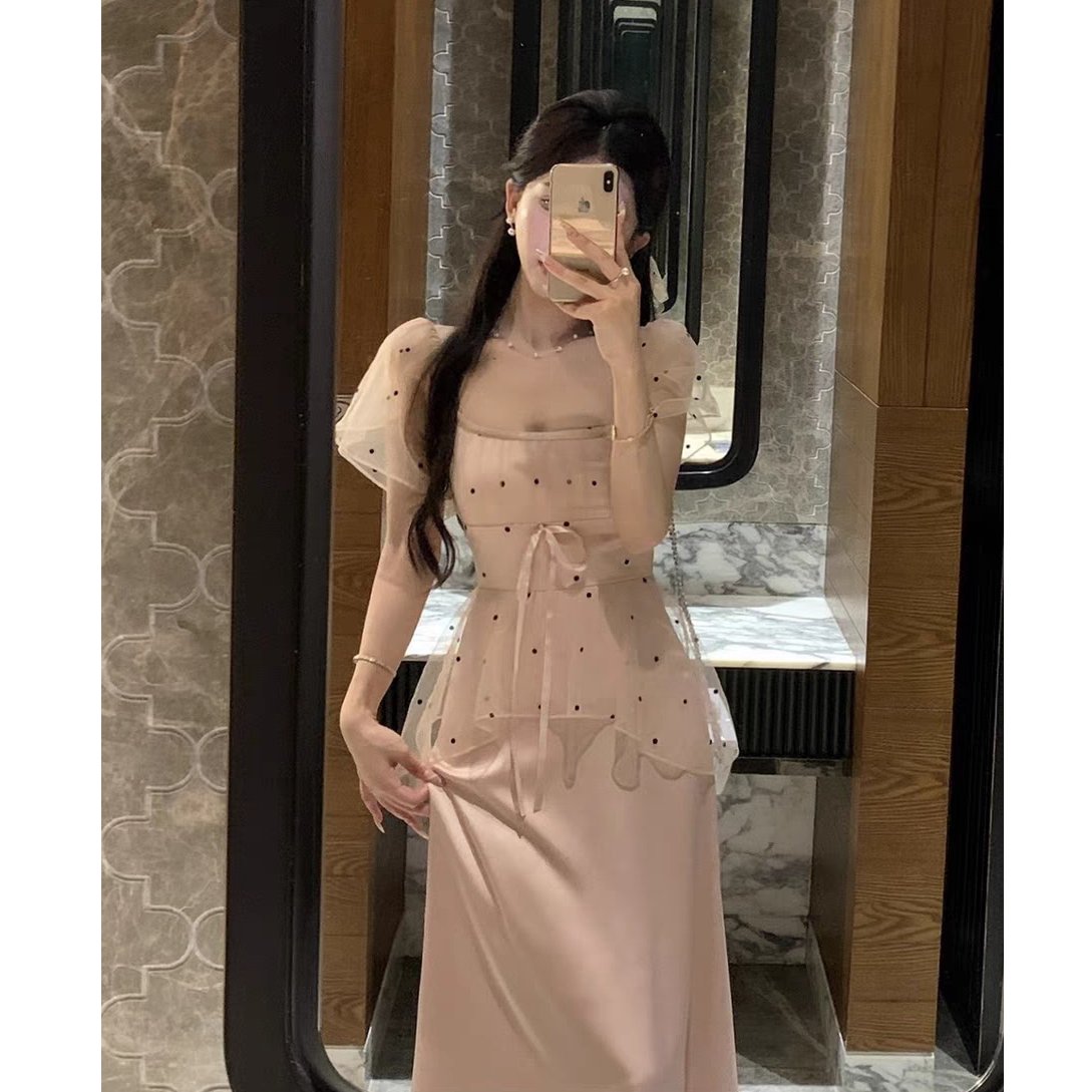 大码法式春季轻奢蕾丝波点连衣裙女新款粉色法式小个子长裙10807