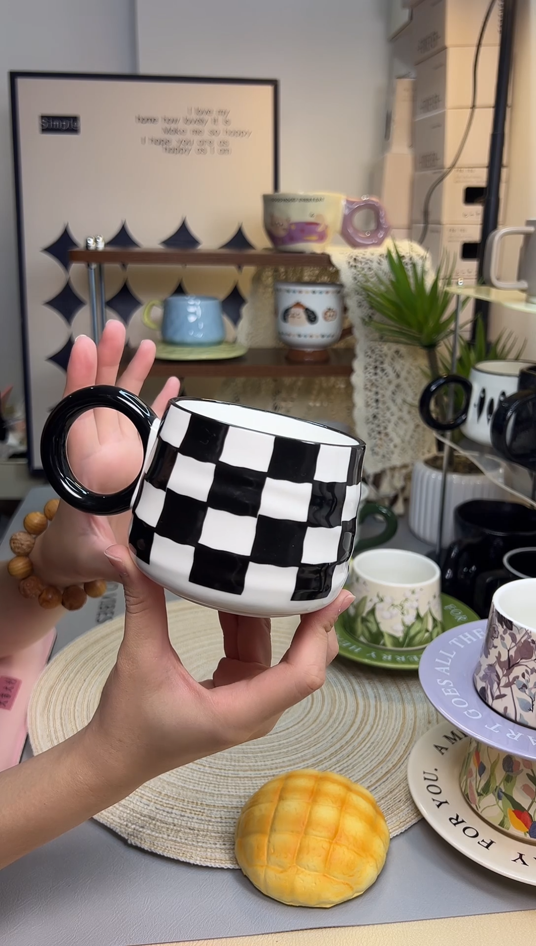 陶瓷ins风黑白棋盘格马克杯115