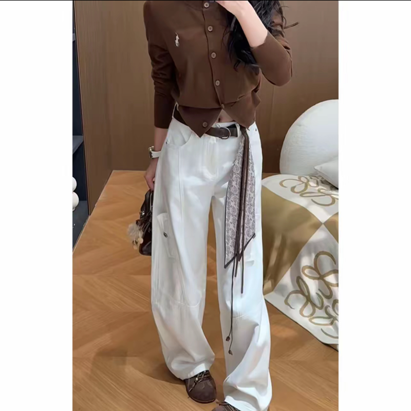 CYM2041美式白色工装裤女2025秋冬宽松百搭显瘦休闲阔腿弯刀裤