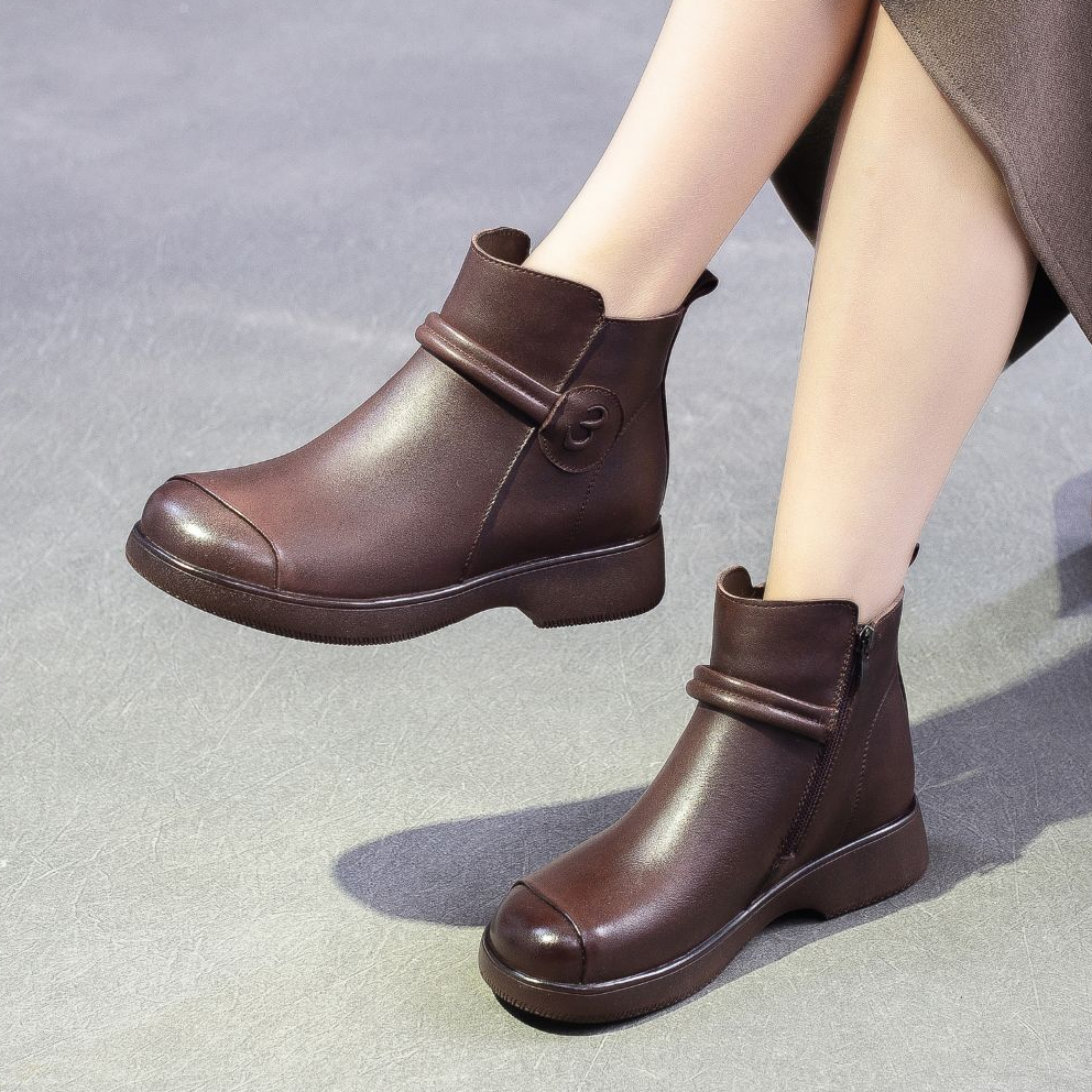 52227新款平底羊毛靴软底防滑妈妈鞋真皮圆头短靴复古休闲厚底靴