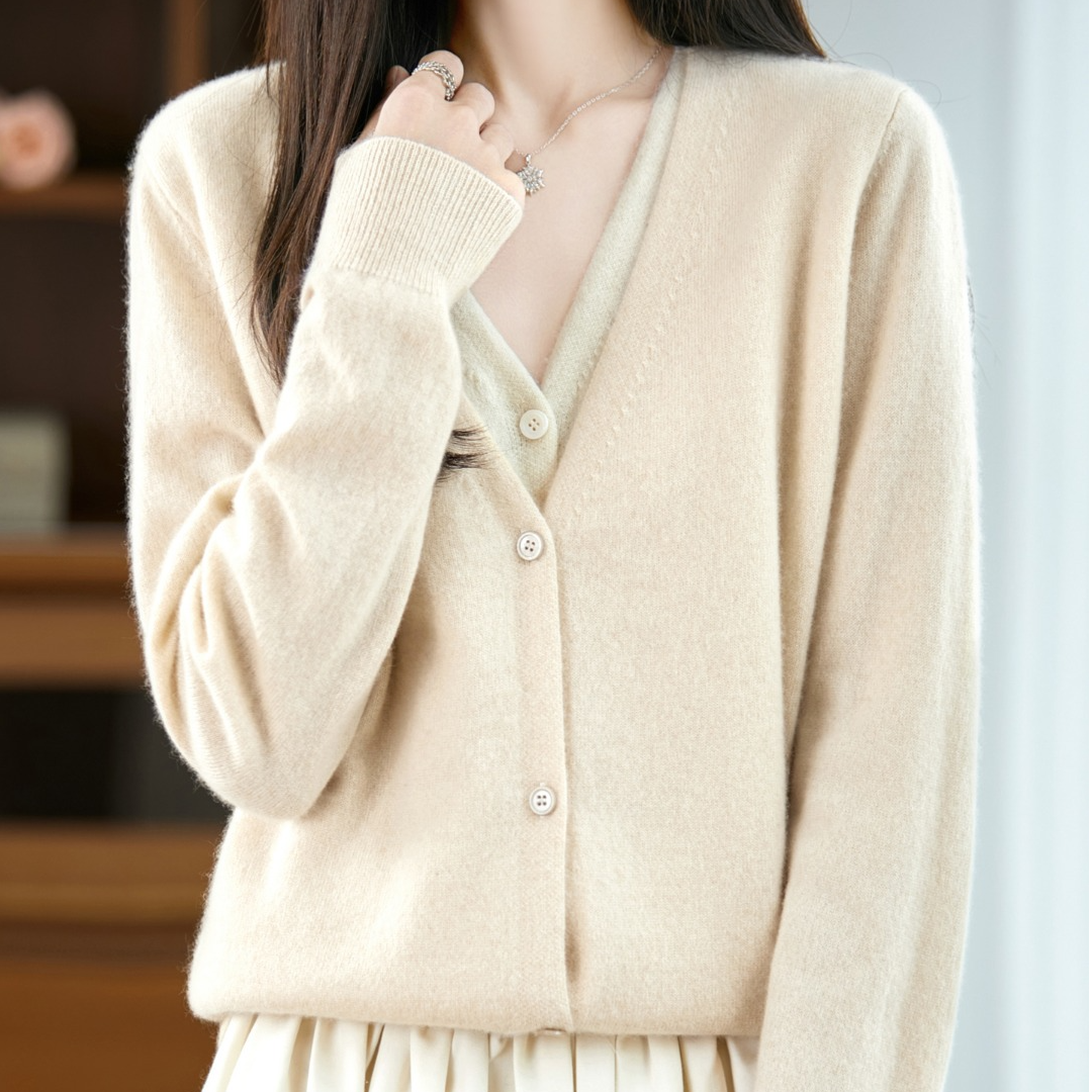 100羊毛衫V领假两件宽松针织上衣D2512