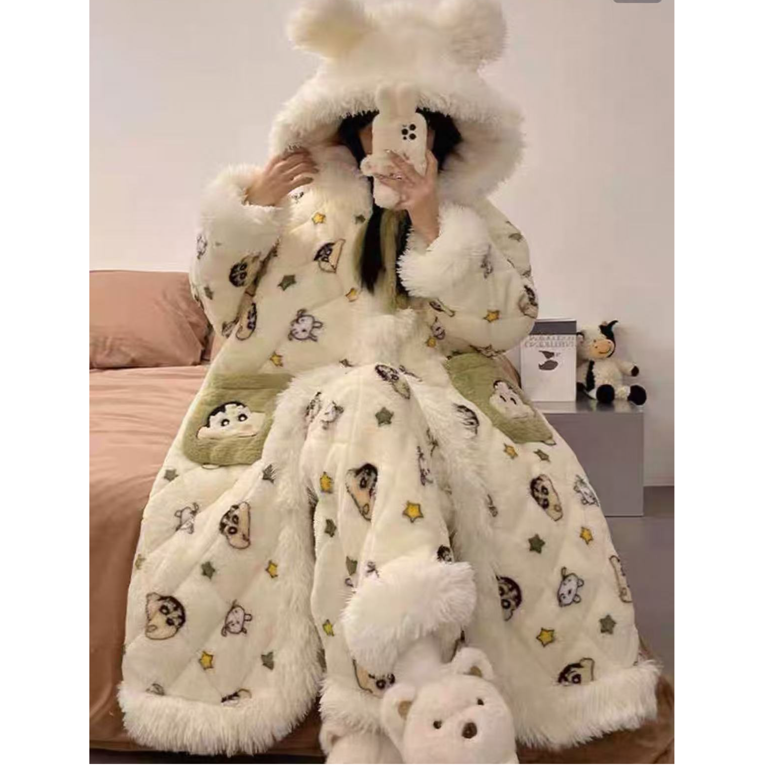 睡袍女秋冬珊瑚绒冬季睡衣长袍加绒加厚三层夹棉袄保暖冬天家居服