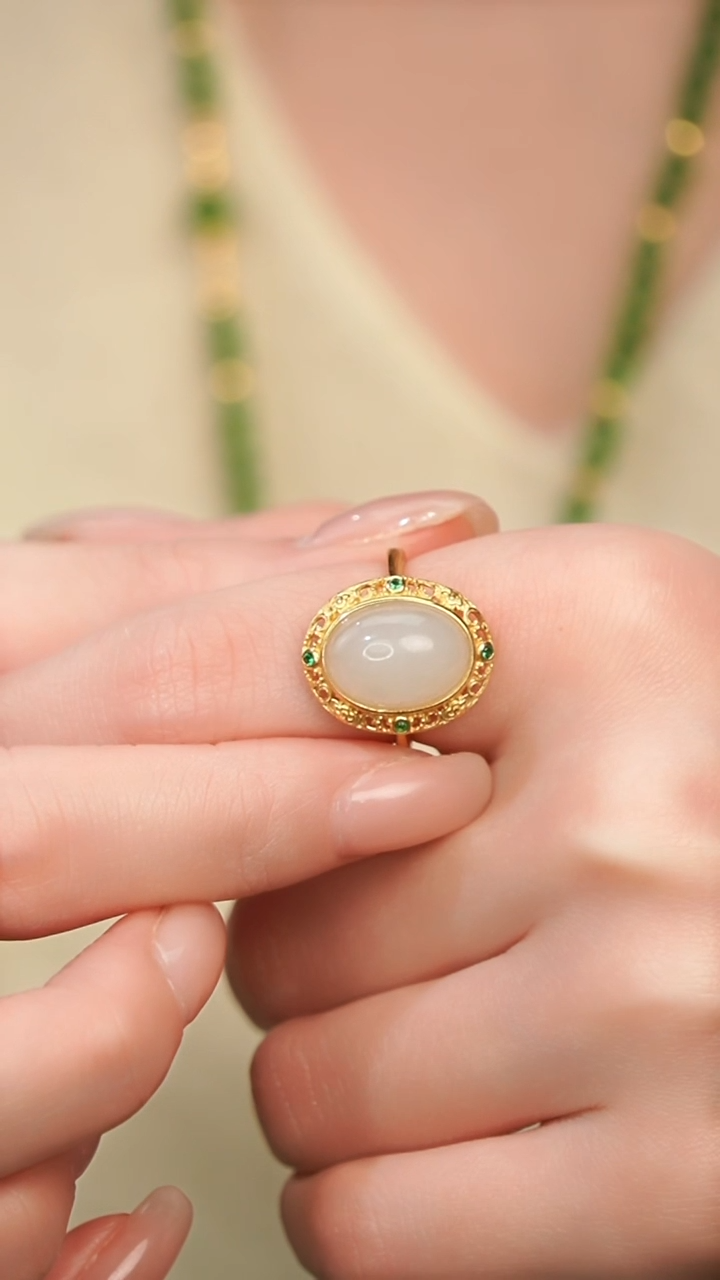 银S925镀金镶嵌戒指和田玉敦煌