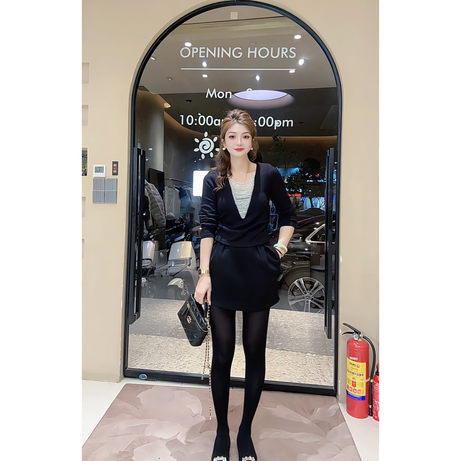 涵儿家 气质修身V领重工碎钻收腰上衣 VS  高腰A字花苞裙-8412