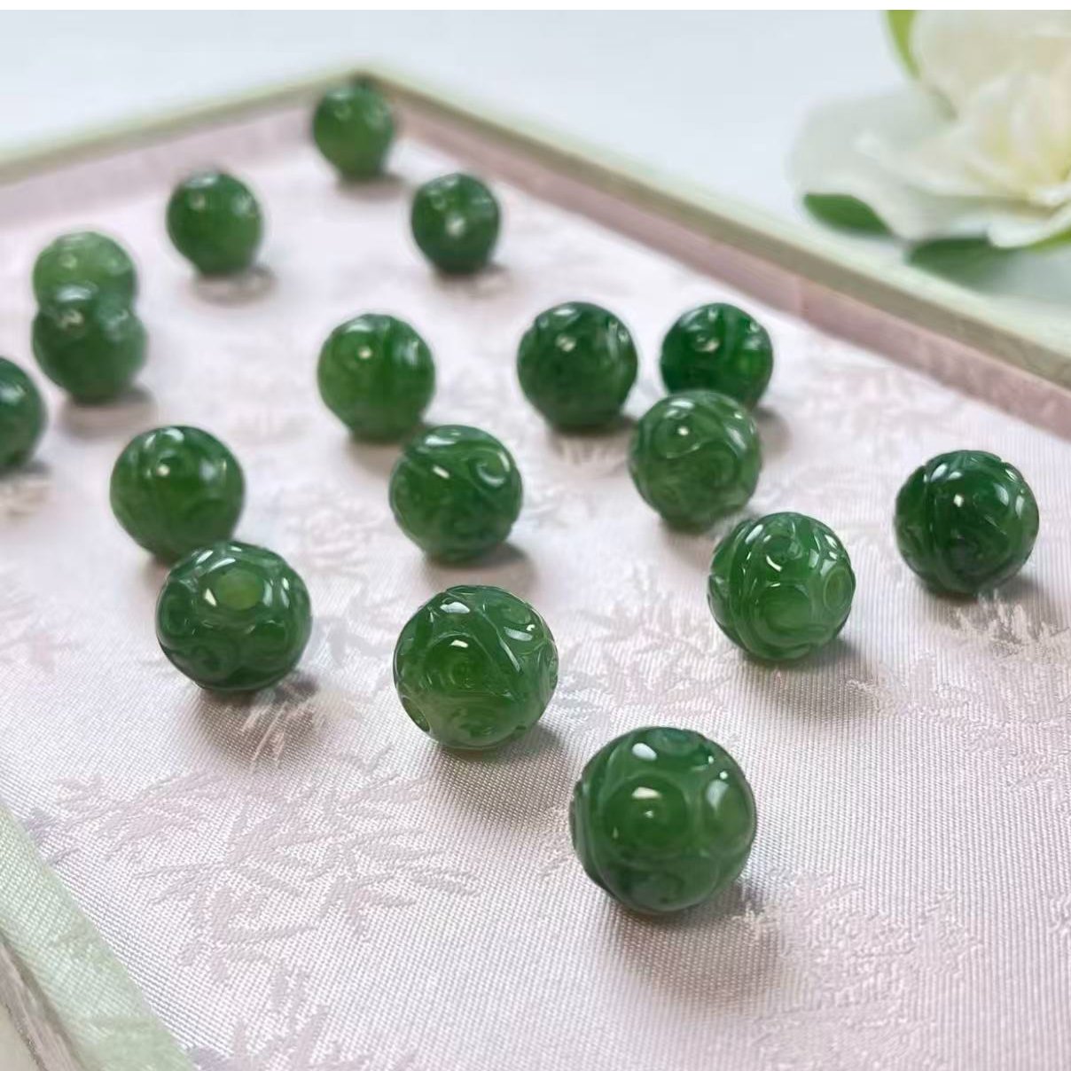 云纹珠（14）｜俄碧七号矿菠菜绿 14咪云纹珠吊坠 路路通-多样性发一