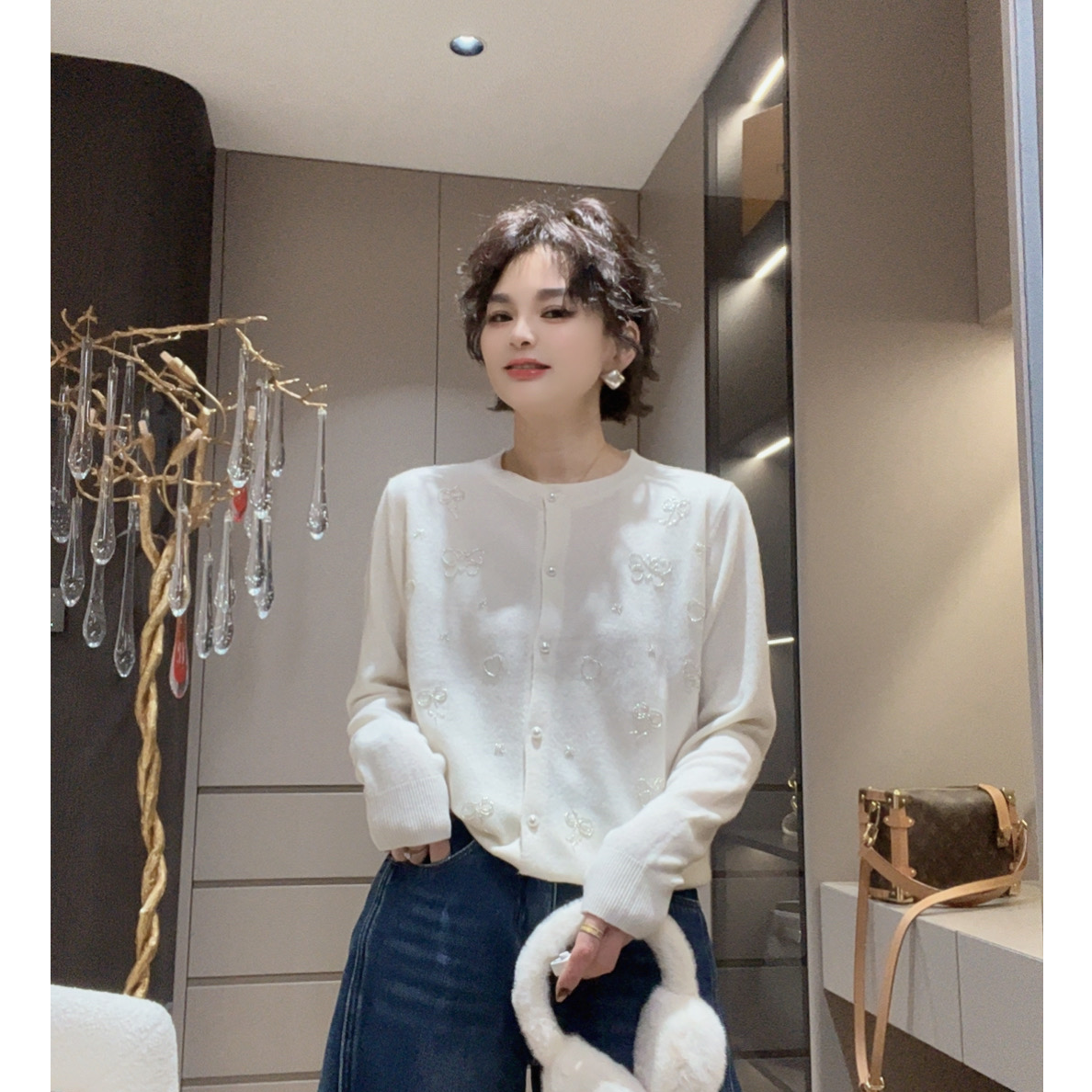 ZM25年设计款新款圆领通勤洋气珍珠串珠百搭羊毛衫088632
