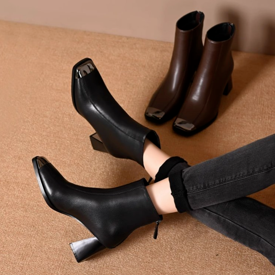 方头时尚真皮牛皮短靴女2025秋冬粗跟高跟加绒皮鞋K1