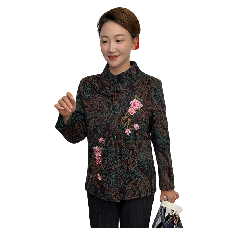 老年人外套春秋款女小个子奶奶衣服老太太唐装绣花夹克花鸟复古