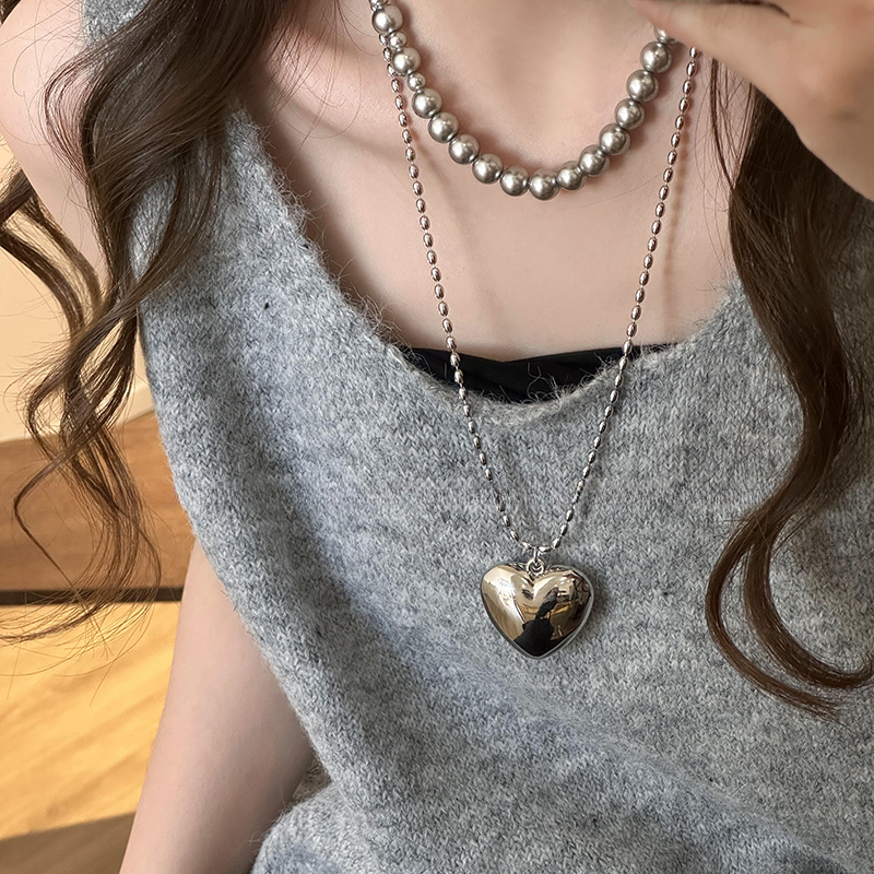 铜合金项链 韩国银灰色爱心锁骨链女甜酷辣妹风叠戴立体桃心颈链