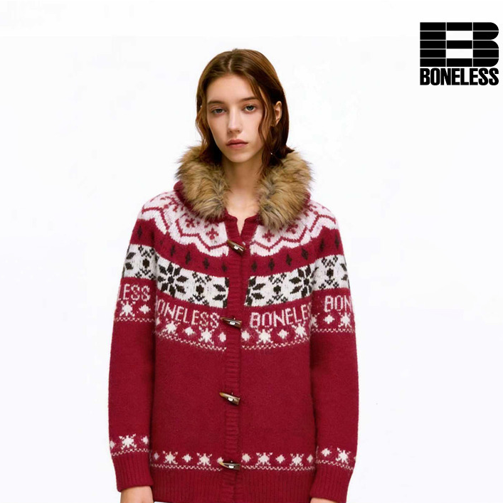 BONELESS圣诞费尔岛提花可拆卸毛领毛织外套宽松红色新年情侣毛衣