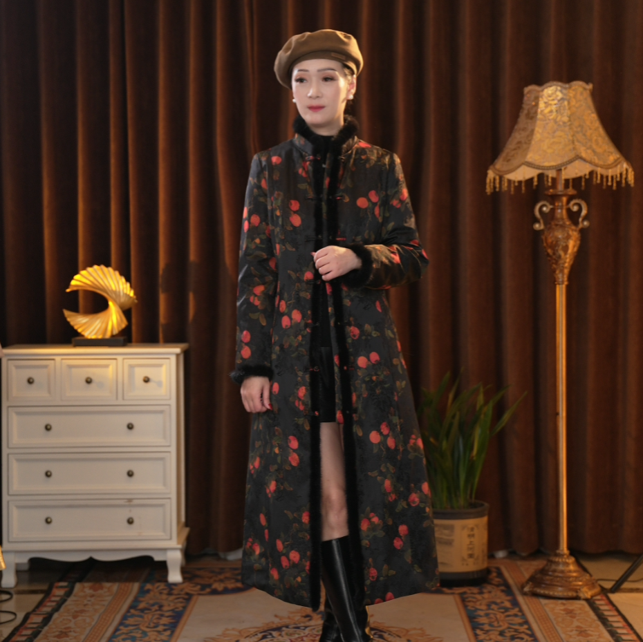 【涵夫人-鹅绒服】提花香云纱羽绒服女冬季新款水貂毛领加厚羽绒服