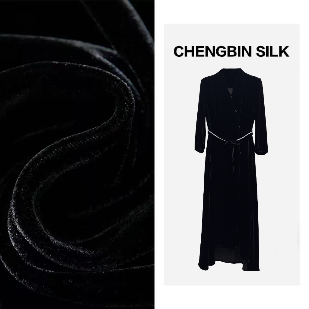 早秋新款长款长袖桑蚕丝真丝丝绒暗扣系带宽松连衣裙上新192811