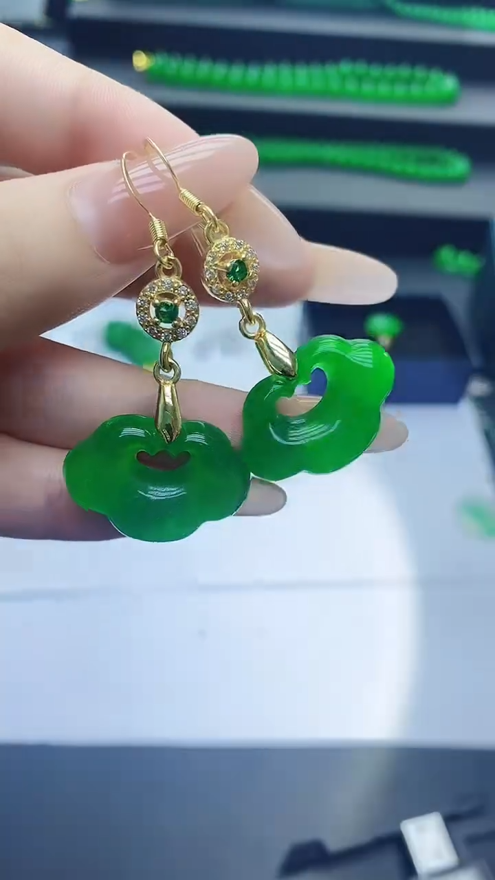 未镶嵌翡翠耳饰翡翠满绿如意耳饰H037